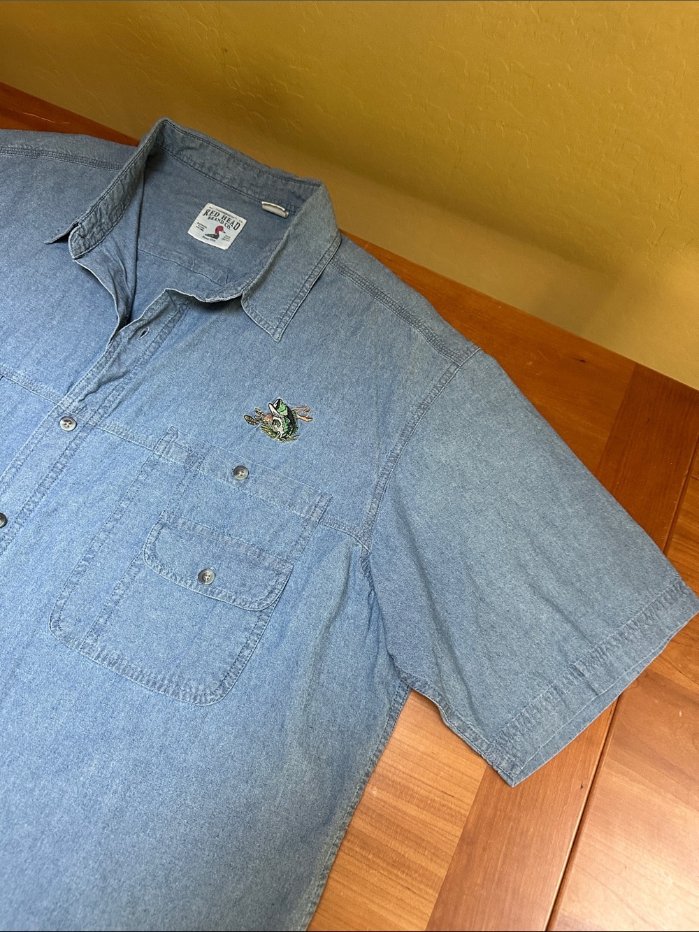 RedHead Light Blue Denim Short Sleeve Button-Up Shirt with Embroidered Fish Patc
